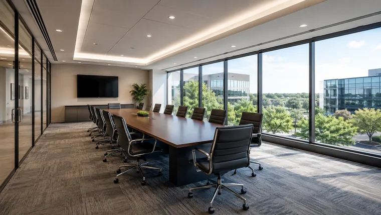 A modern corporate conference room with floor-to-ceiling windows