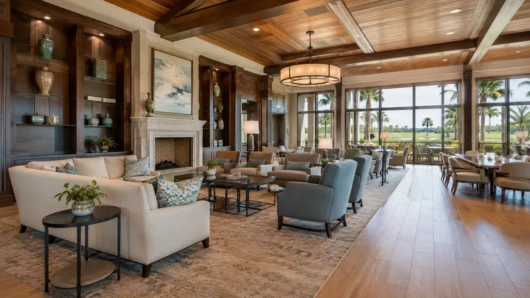 A country club clubhouse lounge with fireplace seating and a view of the course