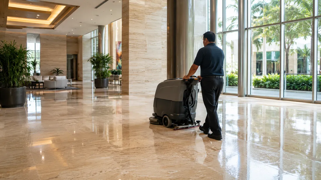 A PCP Cleaning technician operating a floor scrubber in a marble commercial lobby